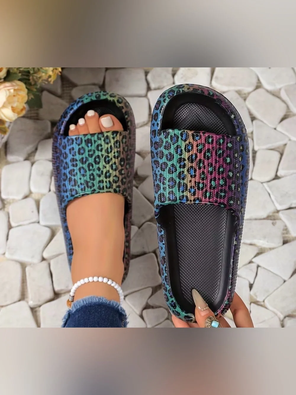 Ladies Black Rainbow Leopard Print Sandals